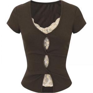 2026 New Summer Style Faux Two-Piece Straight Shoulder Slim T-Shirt