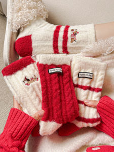 Lucky Year Big Red Thick Warm Plush Womens Socks Autumn Winter Snake Year Sleepwear Polyester Spandex Solid Color Mid-Calf