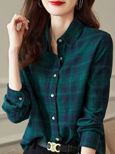 Discounted Brushed Plaid Shirt Womens plus Size Loose Fashionable Outerwear Stylish Coat Vintage Commute Style Long Sleeve