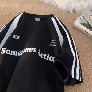 เสื้อยืดแขนสั้นลายทางสไตล์อเมริกัน ผ้าฝ้ายแท้ ทรงหลวม สำหรับผู้ชาย แฟชั่นฤดูร้อน ลำลอง เสื้อยืดคอตตอน