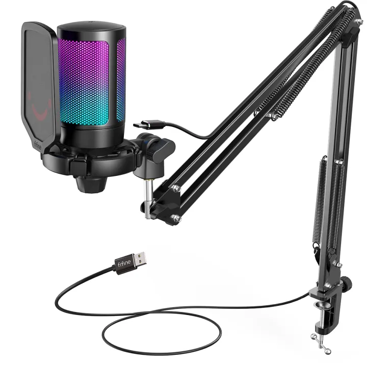 FIFINE A6T USB Gaming Microphone Kit for PC,PS4/5 Condenser Cardioid Mic Set with Mute Button/RGB /Arm Stand,for Streaming Video