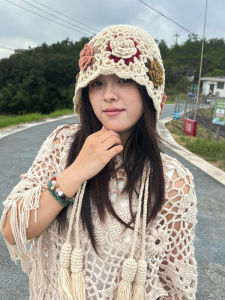 Winter Fashionable Knitted Hat Womens Face Slimming Ear Protection Flower Tassel Style Thickened Warm round Top Cap