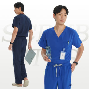 Blue V-neck Hospital Work Uniforms Short Sleeves Uniformes Medicos for Men TOOTH Clinical Top and Pants Scrub Clothes S23