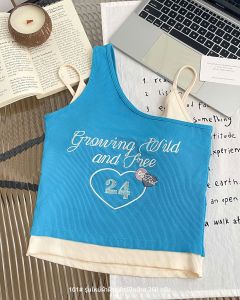 เสื้อกั๊กแขนสั้นปักลายสีบล็อกสไตล์ใหม่ ผ้าฝ้ายระบายอากาศได้ดี สายเดี่ยว ใส่ได้ทั้งฤดูร้อนและฤดูใบไม้ร่วง สำหรับผู้หญิง วัยรุ่น เด็กผู้หญิง