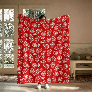 BILIBILI | White Flowers Red Flannel Blanket Perfect for Sofa Office Bed Travel Sleep Read Relax Camping Four Season Use