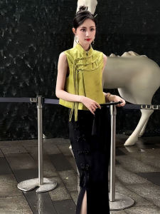 New 2025 Chinese Style Womens Fashion Set with Button Stand Collar Top And Split Mini Skirt Two-Piece Polyester Fiber Ensemble
