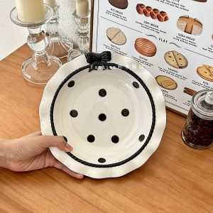 Thanh Lịch Bộ Bánh Nút Thắt Bướm Đĩa Xanh Nhạt Bít Tết Đĩa Sóng Edge Món Ăn Sứ Phong Cách Hàn Quốc Nguyên Tố Tươi Tròn Đĩa Phẳng