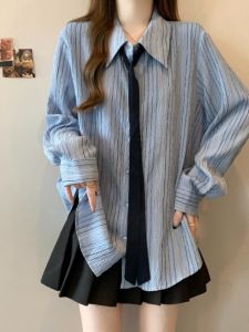 Light Blue Striped Long Sleeve Tie Shirt Womens Autumn New Large Size Fat MM Mid-Length Texture Sensation Top Commute Style