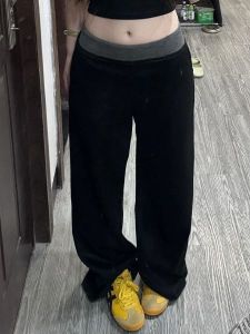 Quần Thể Thao Ống Rộng Cạp Cao Cho Nữ Mùa Xuân Thu Màu Đen Khối Màu Nhỏ Học Sinh Quần Ống Đứng Thường Ngày