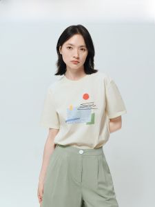 Pure Cotton round Neck T-Shirt Womens Versatile Summer New Style Painting Print NATURE Series Short Sleeve Basic Top