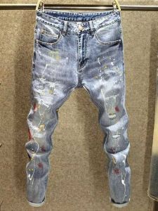 Mens Graffiti Denim Jeans Slim Fit Casual High Elasticity Long Pants Autumn Trendy Brand Wear Resistant Small Straight Foot