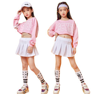 LOlanta Kids Girls Hip Hop Dance Clothing Long Sleeve Crop Top Skirt Outfit Children Girl Cheerleading Team Performance Costume Casual Wear Pink White