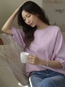 Korean Style Simple Shoulder Insert Short Sleeve T-Shirt Womens Loose Slimming Pure Color Top Cotton round Neck Commute
