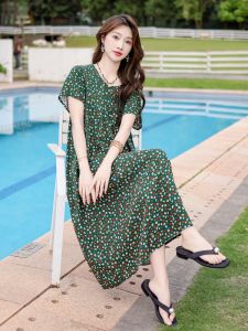 Summer New Mid-aged and Elder Cotton Silk Long Dress Comfortable Casual Printed