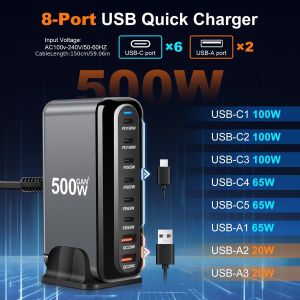 500W GaN Fast Charger Station 8-Port USB C Charge 2A6C Power Adapter for Cellphones High Power for IPhone/Xiaomi LED Indicator