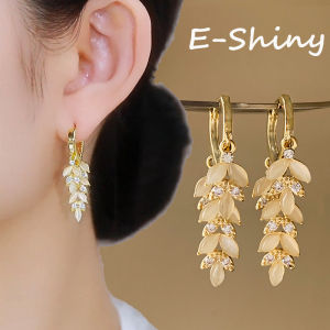 Exquisite Wheat Leaves Tassel Earrings Womens Elegant gold Cats Eye stone dangle Earring Romantic Accessories Gift