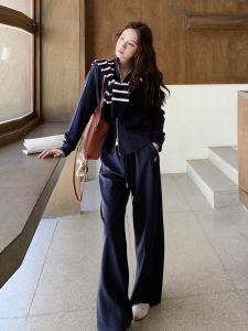 Casual Sportswear Set Womens Khaki Knitted Shoulder Wrap Sweatshirt Two-Piece Suit Autumn New Wide Leg Pants Fashion Ensemble