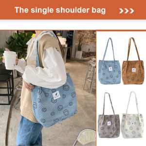 Mojoyce vải to sợi Túi mua sắm retro phụ nữ Top-Túi xách cầm tay mặt cười dễ thương in tái sử dụng dung tích lớn cho nữ sinh