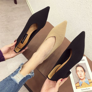 Korean Style Knitted Pointed Toe Slip-On Shoes Womens Comfortable Casual Shoes mid Heel Elastic Fabric Rubber Outsole