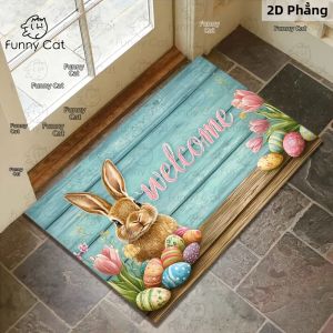 Thảm Chào Mừng Lễ Phục Sinh VIKAMA Thiết Kế Hình Chú Thỏ Sống Động Thảm Polyester Cho Phòng Ngủ Phòng Khách Nhà Thảm Chùi Chân Phong Cách Cổ Điển Thảm Trải Sàn