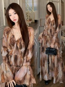 plus Size Womens V-Neck Bell Bottoms Slimming Spring Summer New Chinese Style Long Skirt Cover Belly Shaping Dress