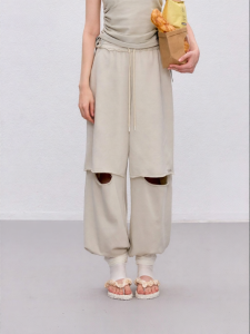 Drawstring Double Layer Distressed Frayed Edge Womens Pants