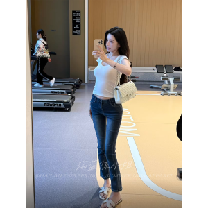 Retro High Waist Straight Leg Blue Jeans Womens Slim Fit Nine Tube Pants Casual Style High Waist Cotton Stretch Denim