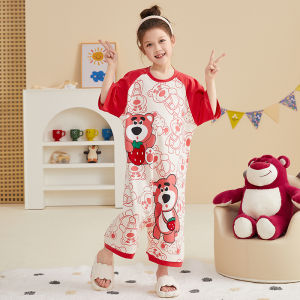 Miiow | Pure Cotton Summer Pajamas For Girls Cat Person Loose Fit Thin Short Sleeve Cute Cartoon Design Childrens Onesie Home Clothes