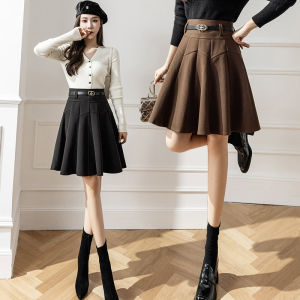 Caramel Woolen A-Line Mini Skirt Womens High Waist Umbrella Skirt Slimming Pleated Short Skirt Korean Style Commute