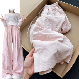 Quần Ống Rộng Màu Hồng Thêu Bướm Mỏng Mùa Hè Cho Nữ Quần Dài Thường Ngày Rộng Rãi Thoải Mái Dễ Mặc Chất Liệu Polyester