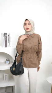 Beena Linen Shirt Top Atasan Wanita Model Kerut Bagian Perut Blouse Casual Polos terbaru