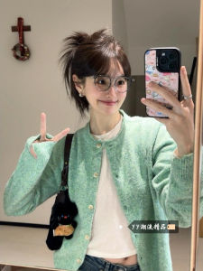 Áo Len Cardigan Dệt Kim Màu Xanh Lá Cây Kiểu Pháp Cho Nữ Áo Khoác Ngoài Mùa Thu Áo Len Cổ Tròn Mềm Mại Áo Khoác Ngoài Đầu Thu