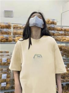 New 2025 Womens Cotton T-shirt Short Sleeve Loose Shoulder Summer Black Neutral Style Top Korean Version round Neck Print Pattern