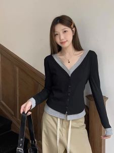 Áo Thun Dài Tay Cổ Chữ V Màu Đen Thường Ngày Cho Nữ Mùa Thu Cỡ Lớn Áo Lót Bó Sát Áo Khoác Vai Chất Liệu Cotton Dáng Rộng Dáng Dài