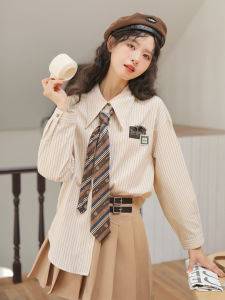 Lingjiu French Vintage Striped Casual Womens Shirt Spring Autumn Loose Fit Versatile Cotton Long Sleeve Sweet Style Button Detail