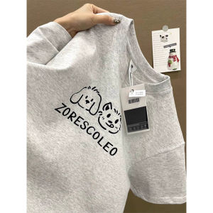 American Retro Print Light Gray Short-Sleeved T-shirt for Women Spring/Summer 2024 New Arrival Best Selling Loose Cotton Half Sleeve Top