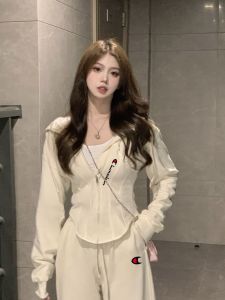 Cute Champion Sportswear Set Womens Spring Autumn Short Coat High Waist Slimming Pants Casual Two Piece Set Cotton Long Sleeve Zipper