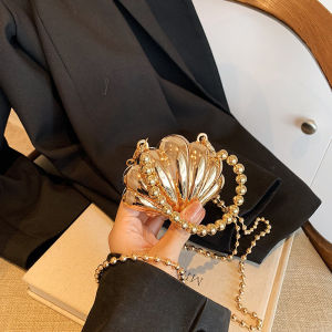 Retro Metal Chain Crossbody Bag Womens Fashion Handbag Mini Accessory Single Shoulder Bag Shell Shape Hard Shell Pure Color