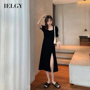 IELGY Đầm Đen Xẻ Kiểu Pháp Tay Ngắn Hepburn Thắt Eo Cho Nữ