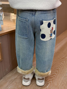 Thickened Long Plush Casual Denim Pants Winter Warm Childrens Trousers for Girls Cartoon Design Non-Breathable Elastic Waist