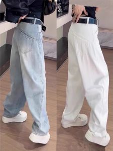 Quần Jeans Denim Ống Rộng Cạp Cao Kiểu Dáng Khóa Kéo Cho Nữ Mùa Thu Thu Đông Quần Dài Thường Ngày Cotton Co Giãn