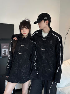 New Chinese Style Mens Jacket Bamboo Leaf Print Stand Collar Spring Autumn Fashion Retro Design Couple Outfit Polyester Fiber