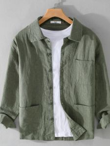 Mens Linen Long Sleeve Shirt Loose Fit Trendy Chinese Style Cotton Linen Jacket Outerwear Breathable Moisture Wicking Casual Shirt