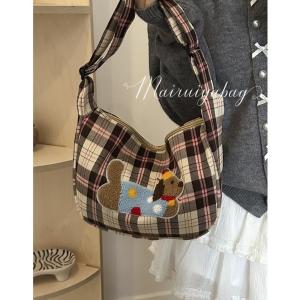 Trendy College Style Plaid Canvas Tote Bag Womens Large Capacity Slant Cross Bag Casual Single Shoulder Bag by Maerya
