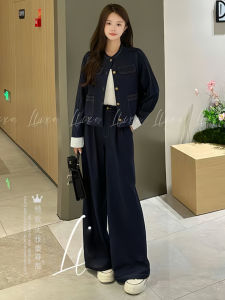 Fashionable Denim Set Womens Autumn New Style Korean Retro round Neck Long Sleeve Jacket Wide Leg Pants Casual Two Piece Set