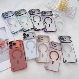 Luxury Plating Clear Half Pack Case For Magsafe For iPhone 17 14 13 15 16 Pro Max Plus Air Glass Lens Ultra Thin Frameless Cover