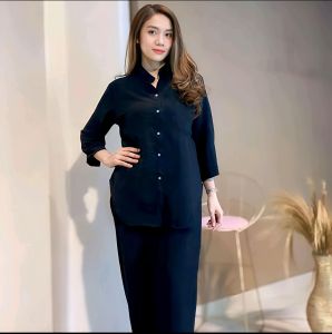 ONESET PIYAMA SETELAN POLOS PAJAMAS TERBARU WANITA DEWASA JUMBO LENGAN PANJANG FULL KANCING BISA COD