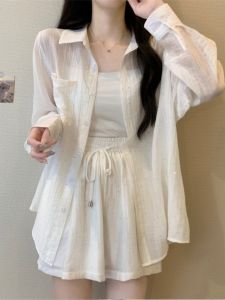 Plus Size French Style Long Sleeve Sun Protection Cardigan Shorts Set