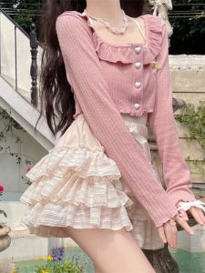 Bộ Đồ Hai Mảnh Phong Cách Ballet Ngọt Ngào Mùa Thu Cho Nữ Áo Cardigan Màu Hồng Mềm Mại Váy Bánh Bướm Có Nơ Quần Áo Công Sở Phong Cách Nhật Bản