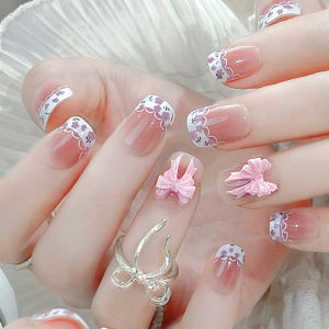 【With Glue】Ready Stock Female Fake Nail Sweet Bow Lace Nail for Women and Girl Party Activity